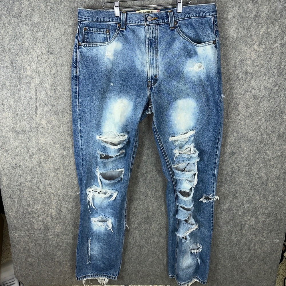 Levi's Jeans Mens 38x36 Blue 550 Relaxed Fit Distressed Thrashed Holes Vintage